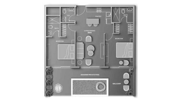 Apartment floor plan, 2 bedrooms in VINCITORE AQUA DIMORE No. 11023 (2D)