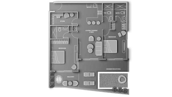 Apartment floor plan, 2 bedrooms in VINCITORE AQUA DIMORE No. 11024 (2D)